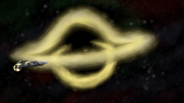 A concept piece of the Argo in front of a black hole.