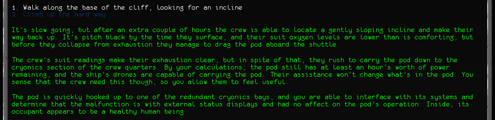 In-game text describing the recovery of Savio's pod