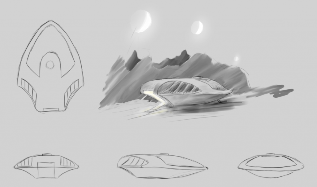 Final design for the Argo's shuttle, and a little concept piece of it landed on an alien planet.