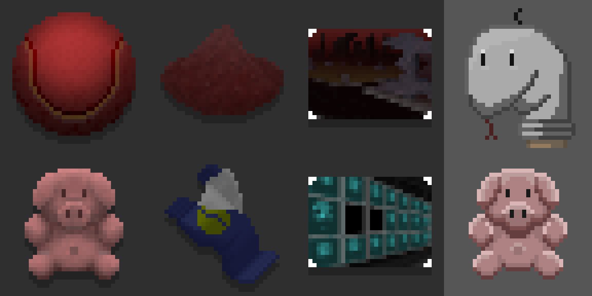 A number of mementos that I created on stream (the right-most two are not in the game)