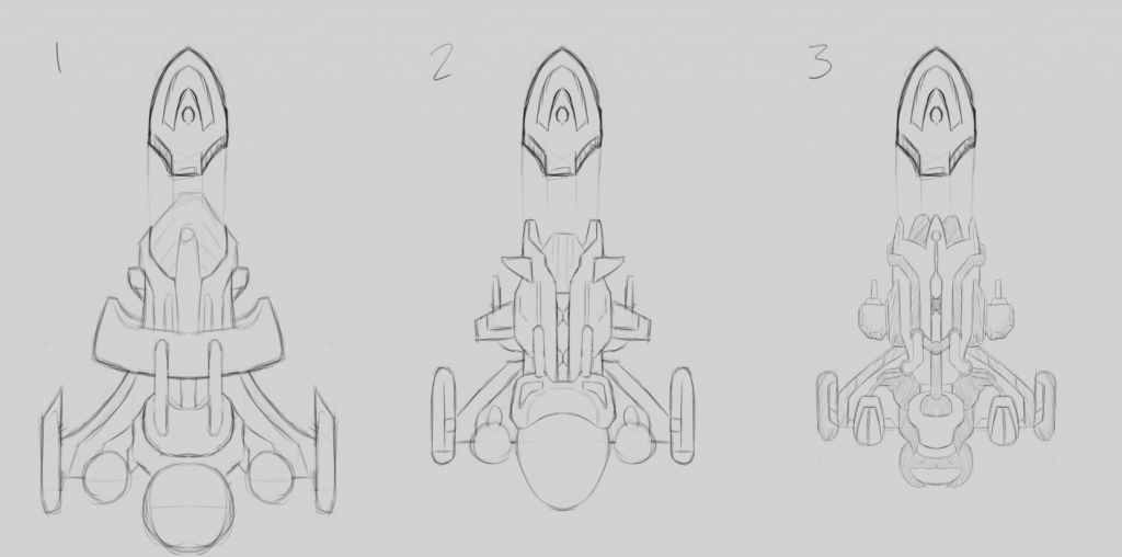 Sketches of the three ship design candidates with shuttle detached.